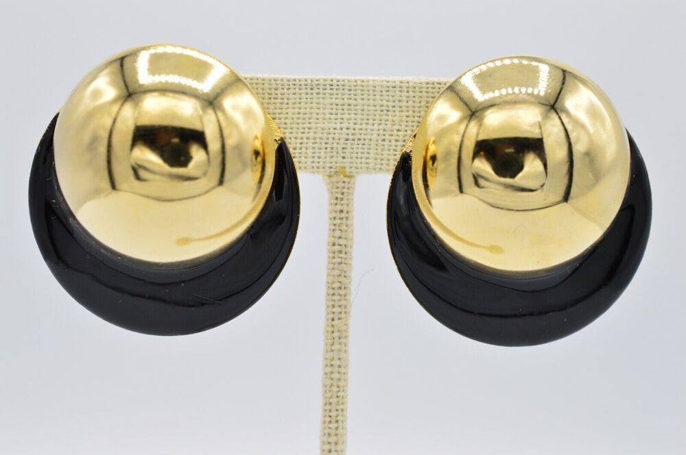 Vintage Post Round Earrings Black Enamel Shiny Gold Chunky Metal NOS 1980s BinAA